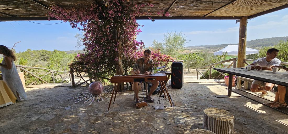 Terrasse mit Blick über die Landschaft, Keyboard-Setup unter blühendem Baum